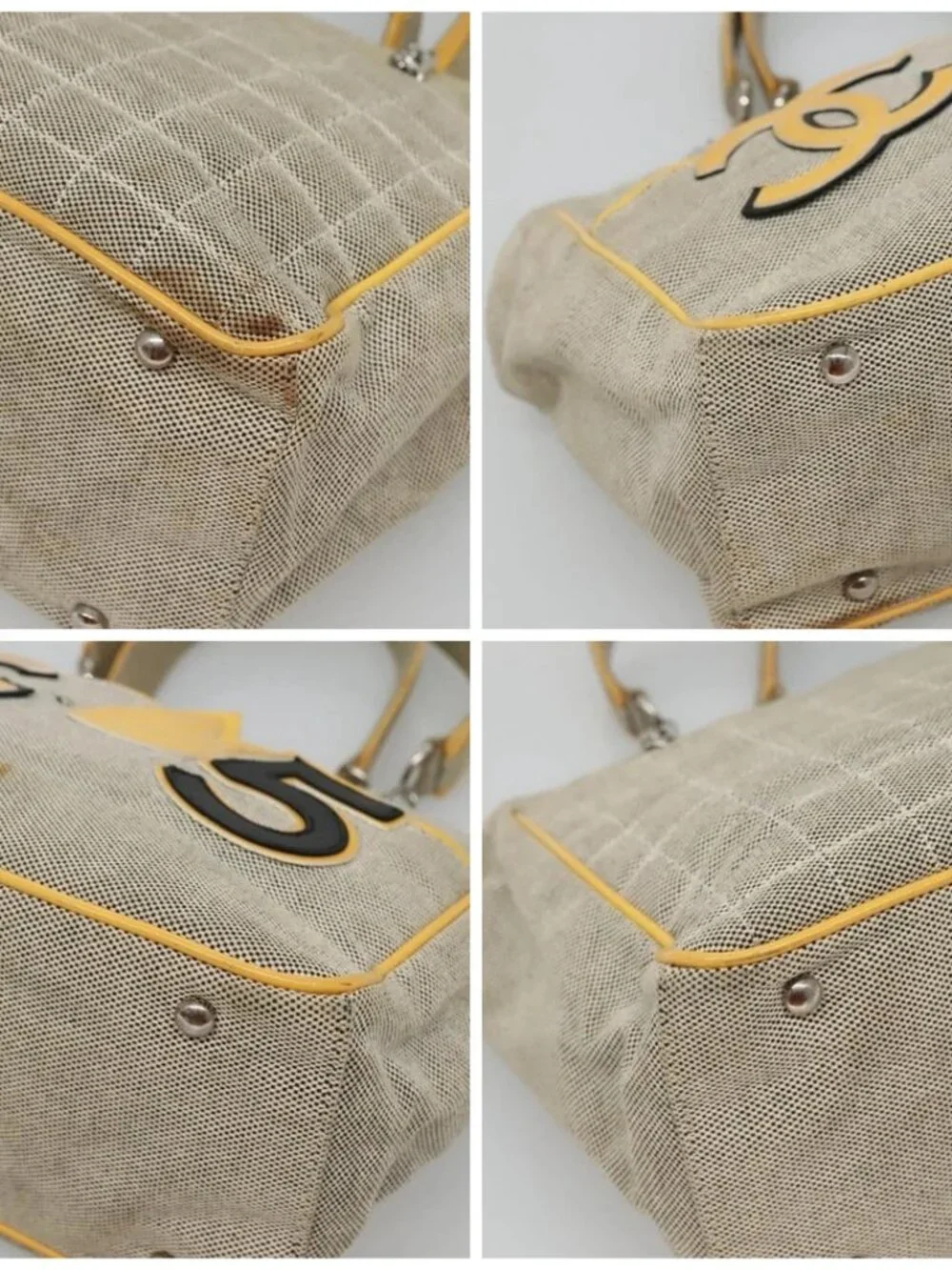 CHANEL Choco Bar Tote Bag Canvas Beige Yellow CC Auth 116301